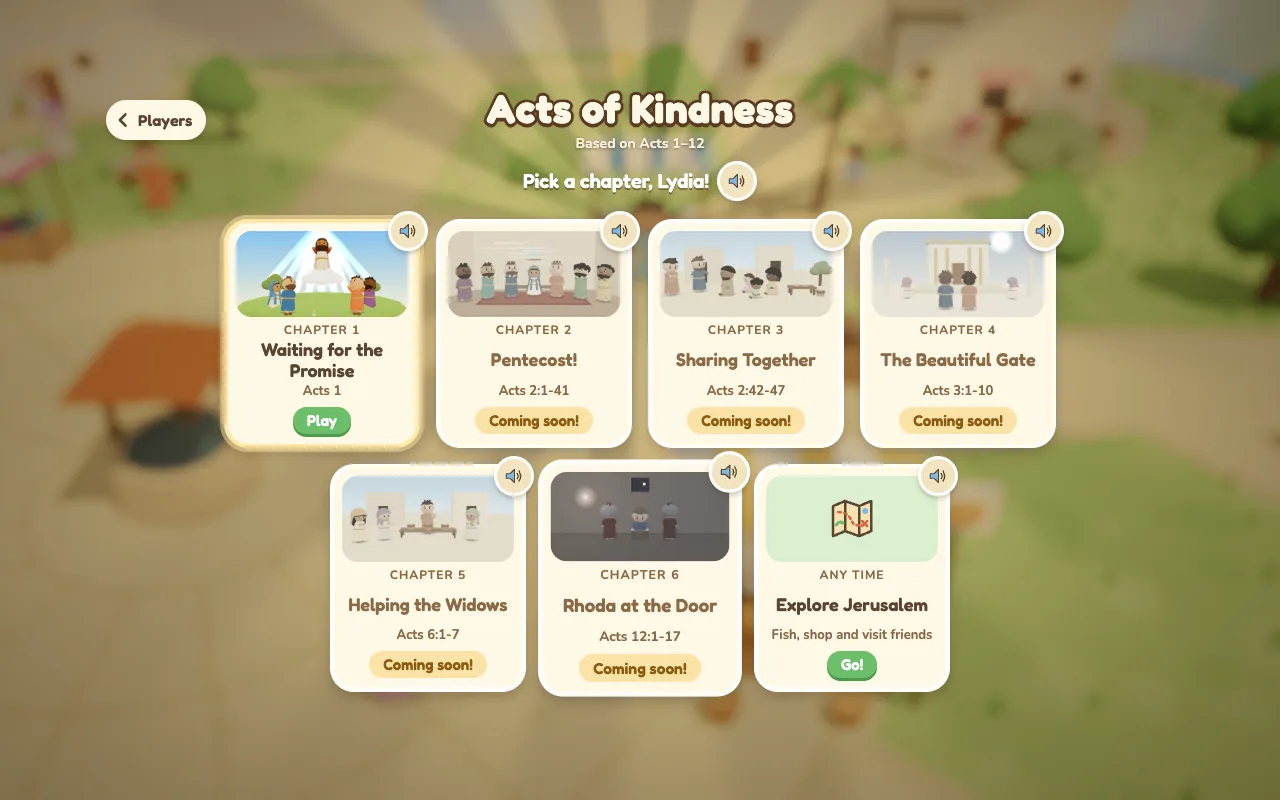 The Acts of Kindness chapter screen: six chapter cards with pictures, Chapter 1 open to play and the others marked Coming soon, plus an Explore Jerusalem card.