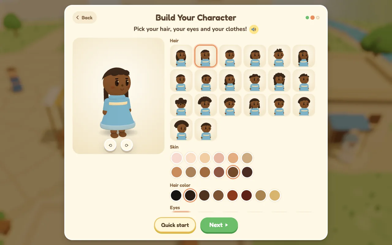 The Build Your Character screen: a girl with long dark hair in a light blue dress beside choices of hair style, skin tone and hair color.