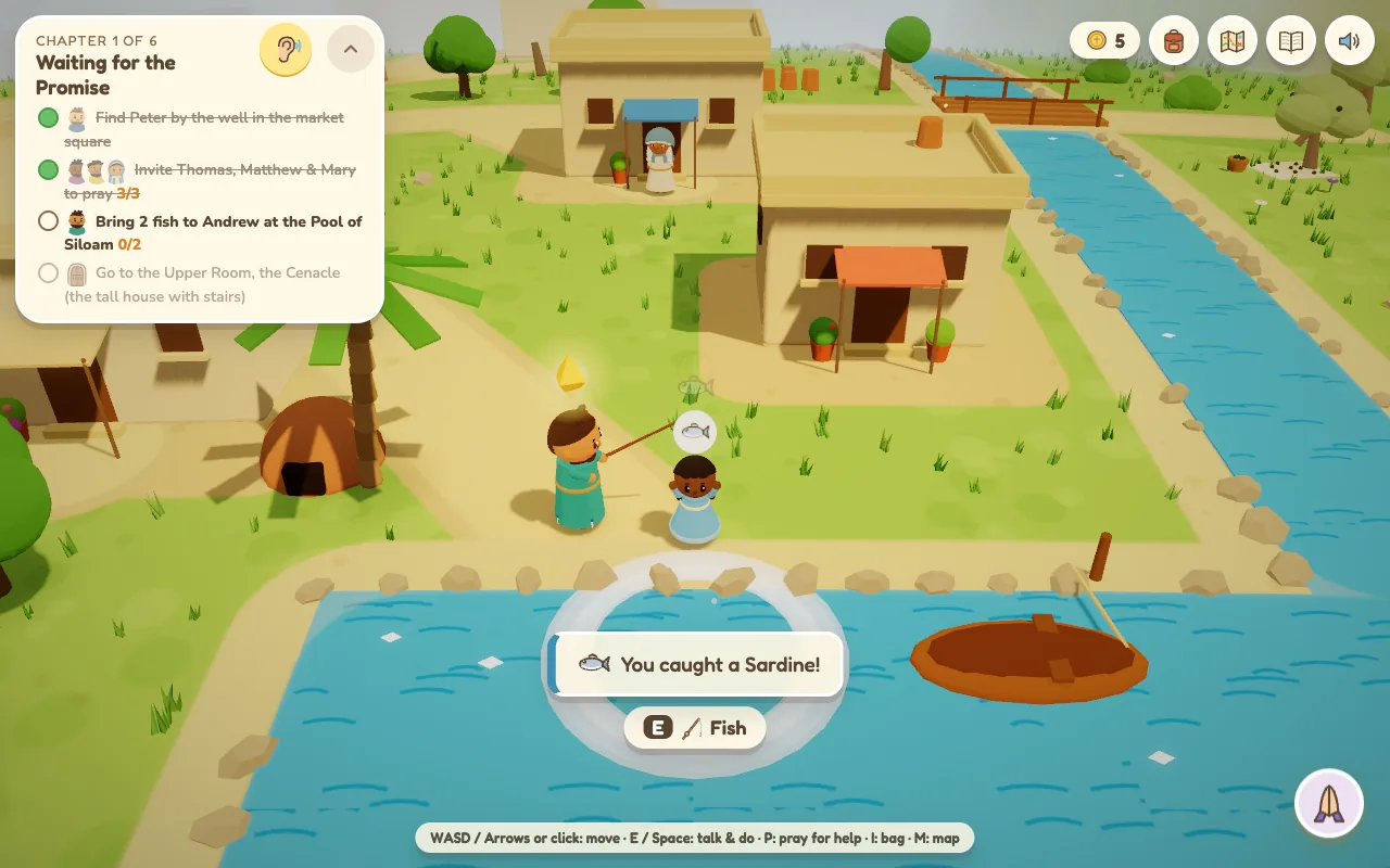 The girl fishes at the Pool of Siloam beside Andrew, with a wooden boat on the water. A bubble says: You caught a Sardine!