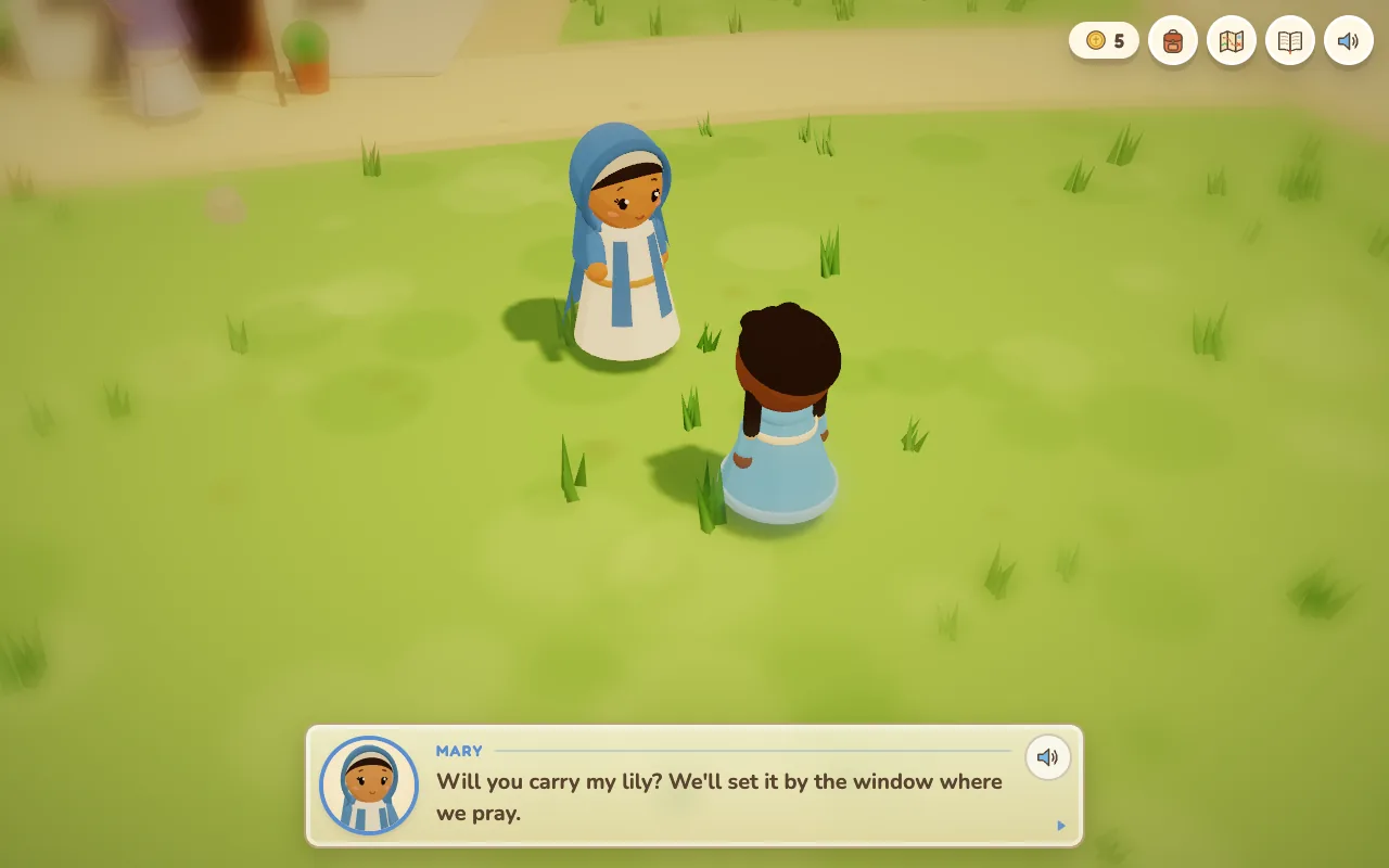 Mary, in a blue mantle over a cream dress, talks with the girl in a green field. Mary says: Will you carry my lily? We'll set it by the window where we pray.