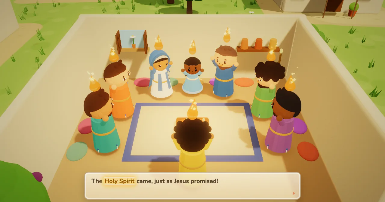 Inside the Upper Room, Mary, the apostles and the girl stand in a circle with small flames above their heads. The narrator says: The Holy Spirit came, just as Jesus promised!