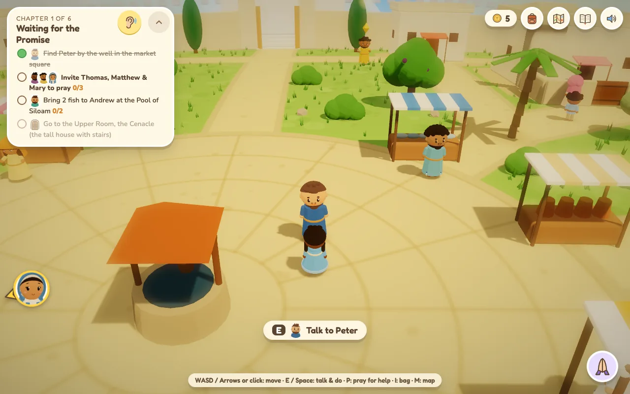 A girl in a light blue dress stands with Peter in the paved market square, beside the well and the market stalls. The goals panel lists finding Peter, inviting Thomas, Matthew and Mary to pray, and bringing two fish to Andrew.