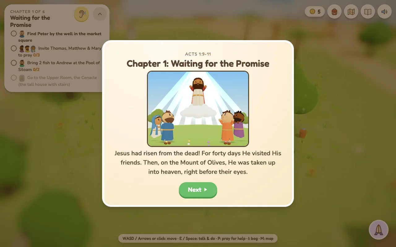A storybook page, Chapter 1: Waiting for the Promise, Acts 1:9-11, with a picture of Jesus rising into heaven on a cloud while Mary and the apostles look up: Jesus had risen from the dead! For forty days He visited His friends. Then, on the Mount of Olives, He was taken up into heaven, right before their eyes.