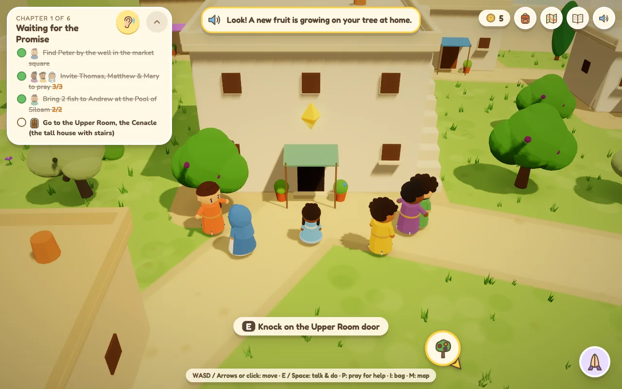 Mary, the apostles and the girl gather outside the door of the Upper Room, a tall white house with stairs.